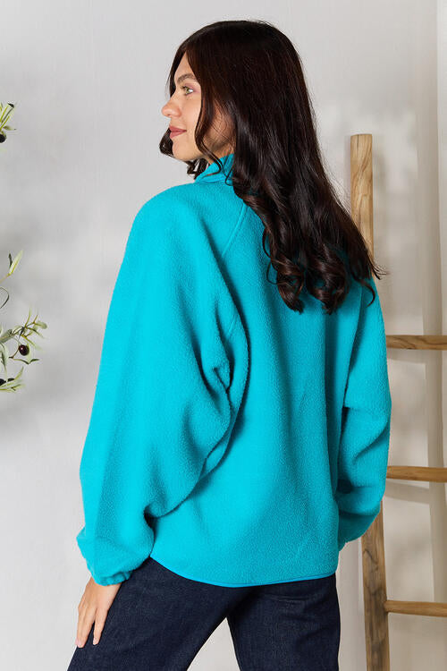 Womens Turquoise Blue Snap Button Up Oversized Fleece Jacket