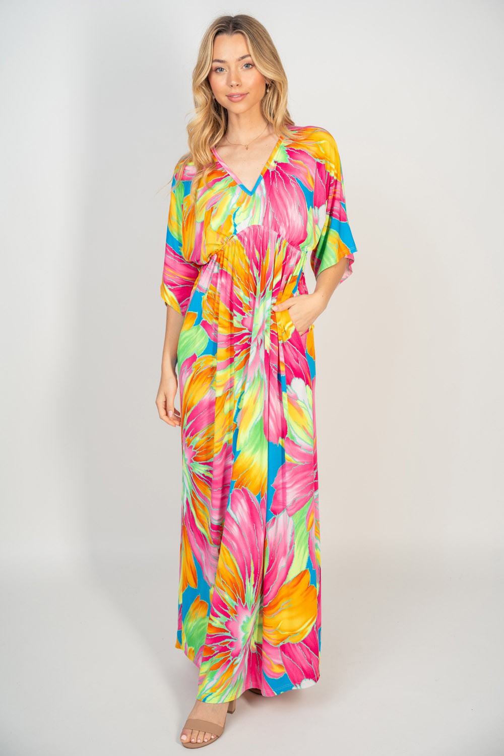 Women's Floral V-Neck Mid Sleeve Maxi Dress with Pockets