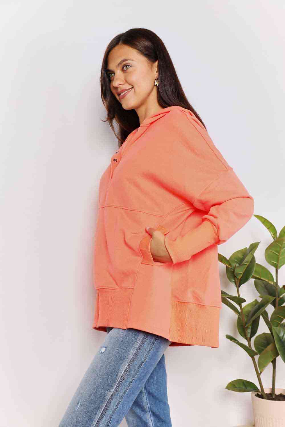 Womens Orange Quarter Snap Button Up Dropped Shoulder Hoodie Tunic