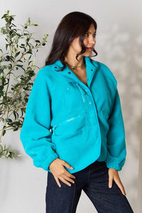 Womens Turquoise Blue Snap Button Up Oversized Fleece Jacket