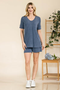 Women's Ribbed Shorts and Short Sleeve Top Set Relaxed with Pockets