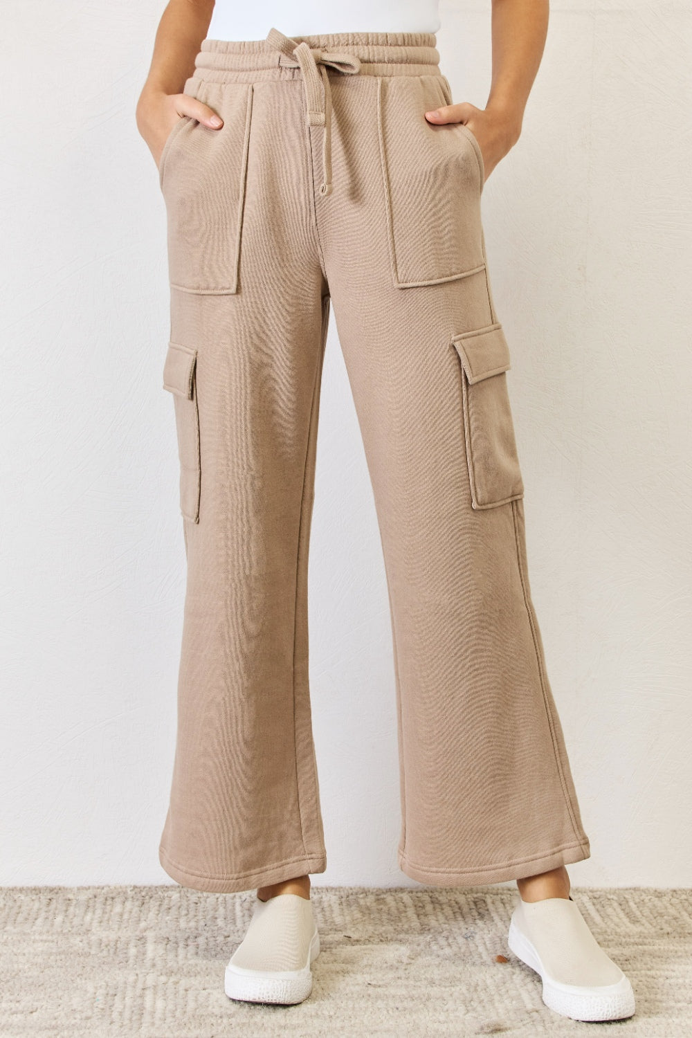 Women's Tan Beige Drawstring Sweatpants Wide Leg Flare Cargo Pockets