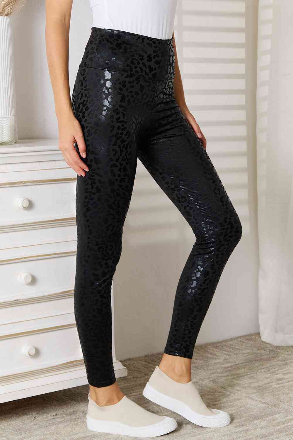 Womens Black Shiny Leopard Wide Waistband Leggings