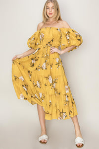 Womens Yellow Floral Off-Shoulder Puff Sleeve Tiered Maxi Dress