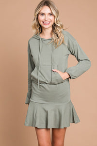 Women's Olive Green Hoodie Tennis Dress with Front Pocket and Pleated Skirt