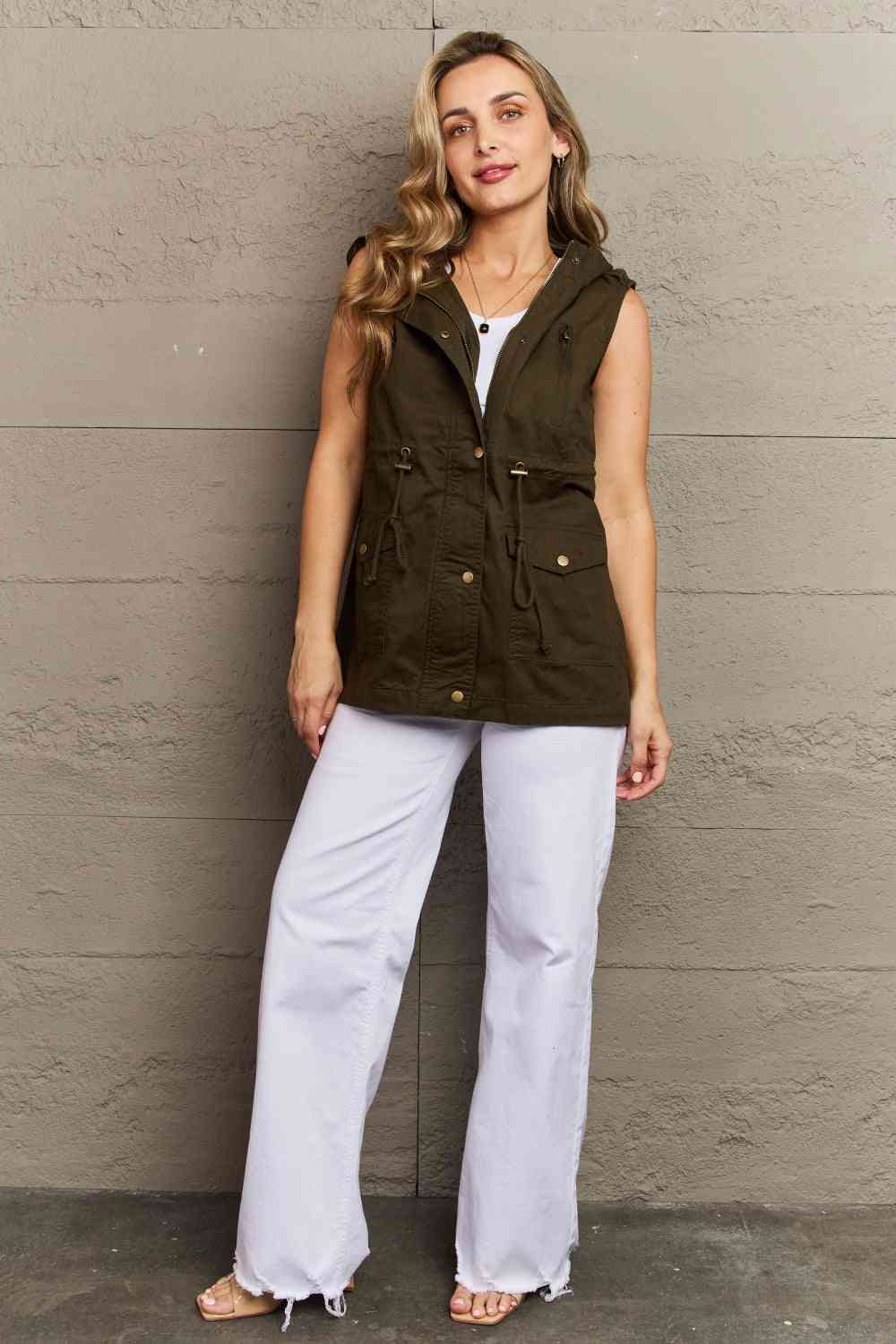 Womens Army Green Button-Up Military Hooded Vest