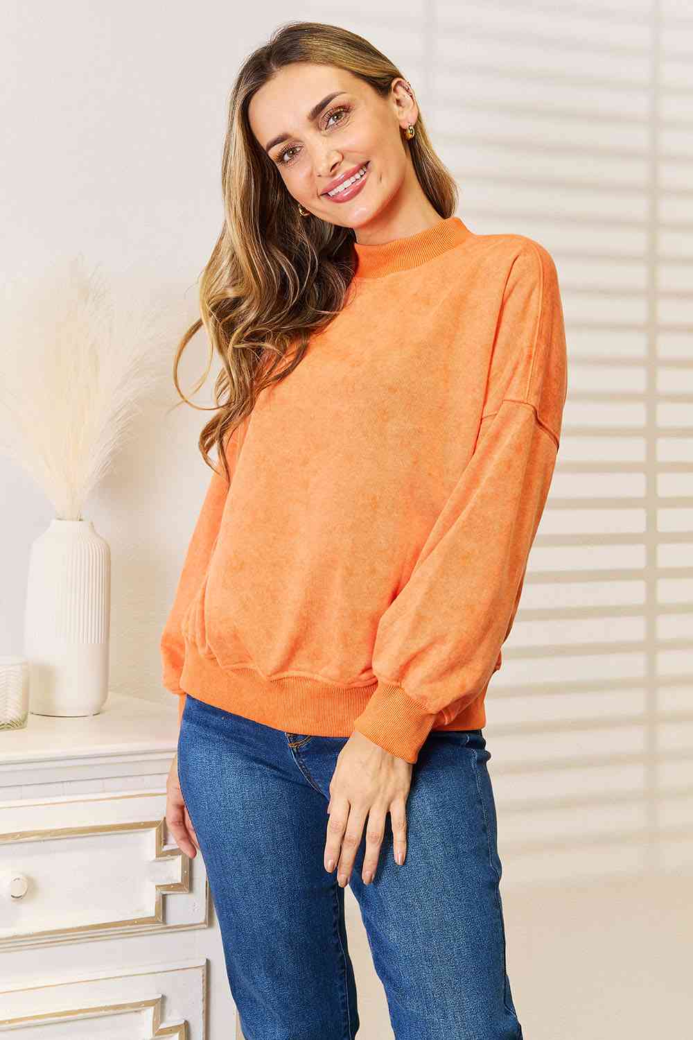 Womens Orange Round Neck Dropped Shoulder Sweatshirt