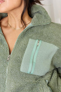 Womens Green Sherpa Fleece Full Zip Collared Jacket