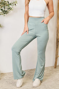 Womens Sage Green Wide High Waistband Sporty Flare Pants