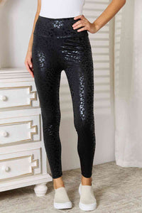 Womens Black Shiny Leopard Wide Waistband Leggings