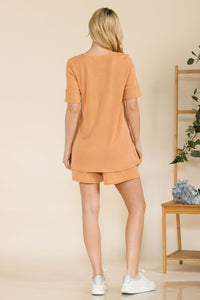 Women's Ribbed Shorts and Short Sleeve Top Set Relaxed with Pockets