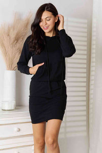 Womens Black Full Size Drawstring Long Sleeve Hooded Dress