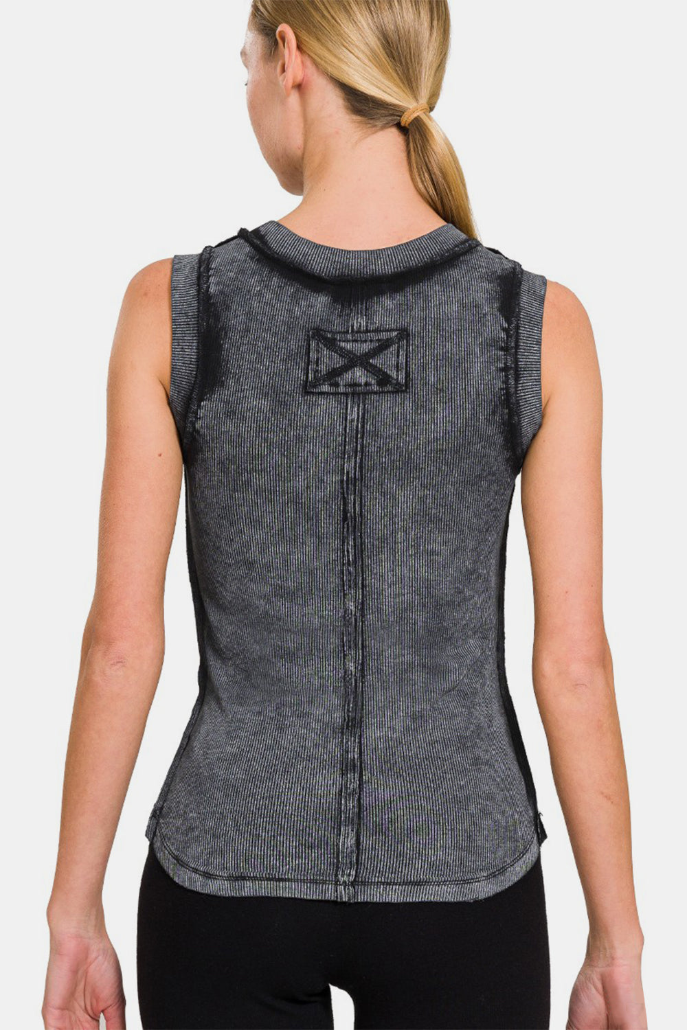 Women's Black Washed High Neck Ribbed Sleeveless Tank Top