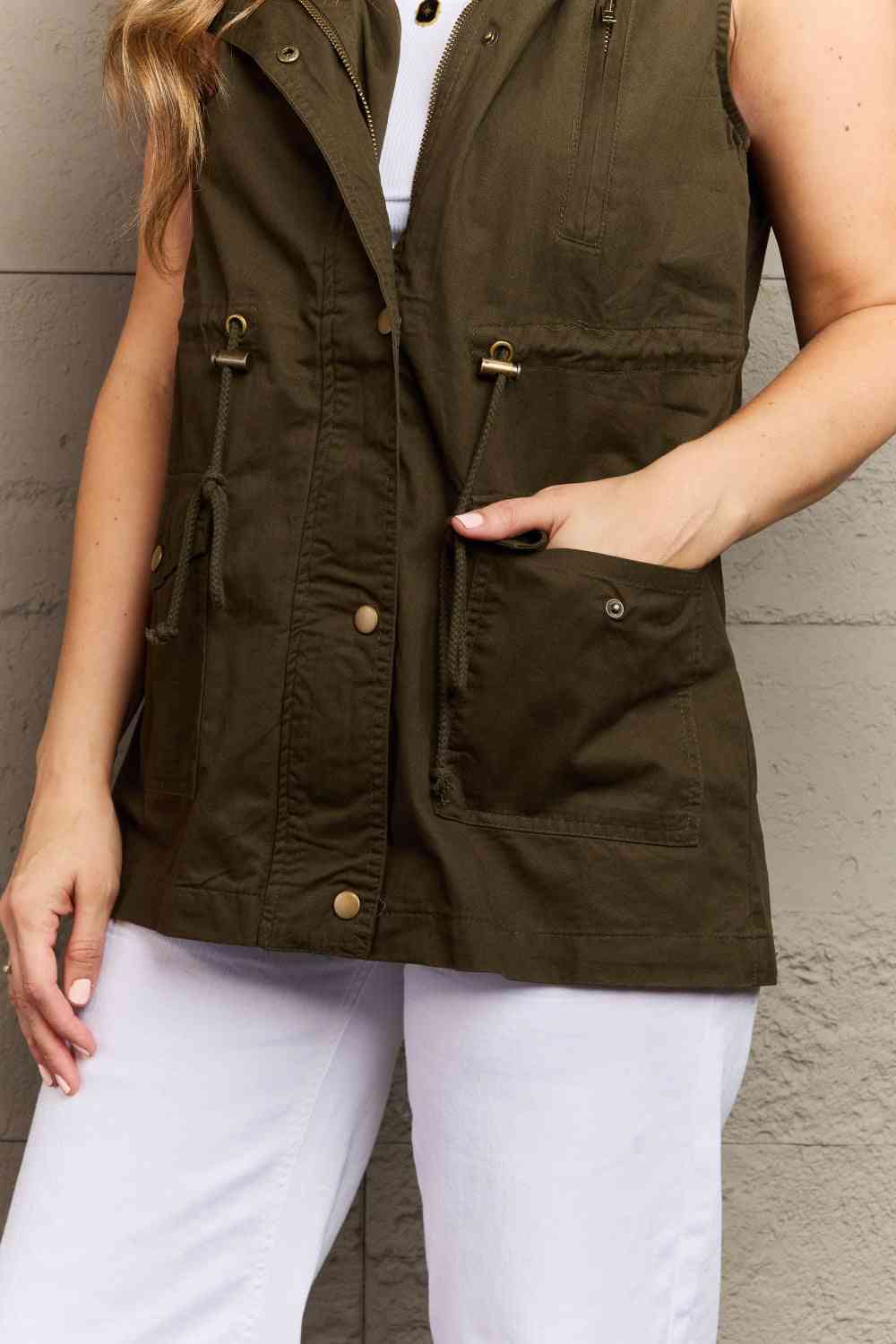 Womens Army Green Button-Up Military Hooded Vest