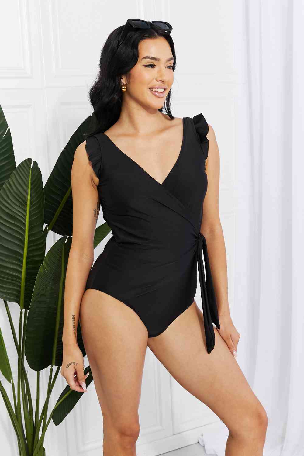 Women's Black One Piece Swimsuit with Ruffle and Open Back