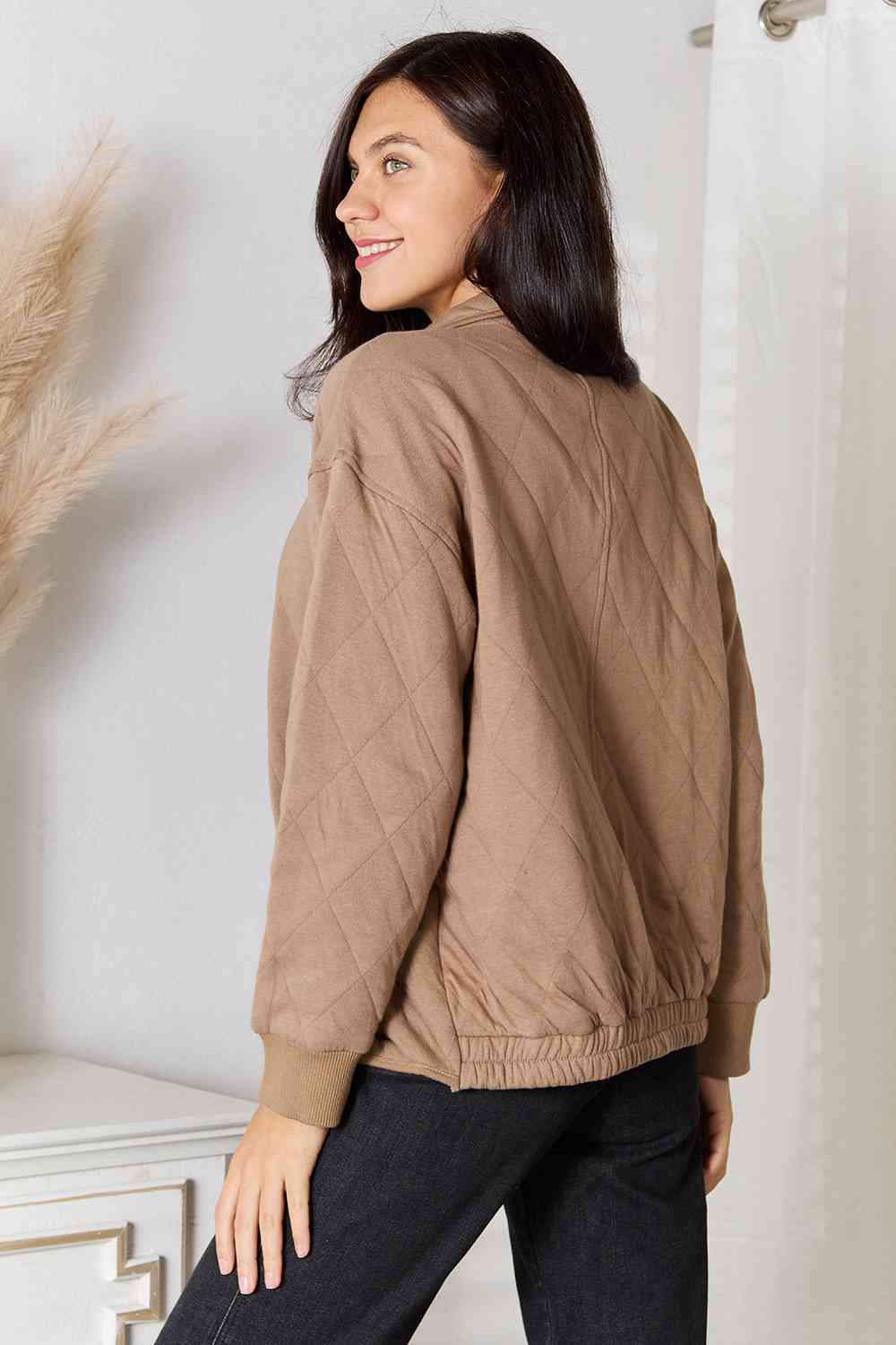 Womens Beige Brown Full Zip-Up Collared Quilted Jacket with Pockets