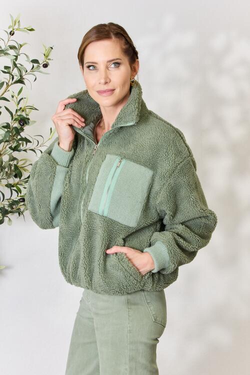 Womens Green Sherpa Fleece Full Zip Collared Jacket