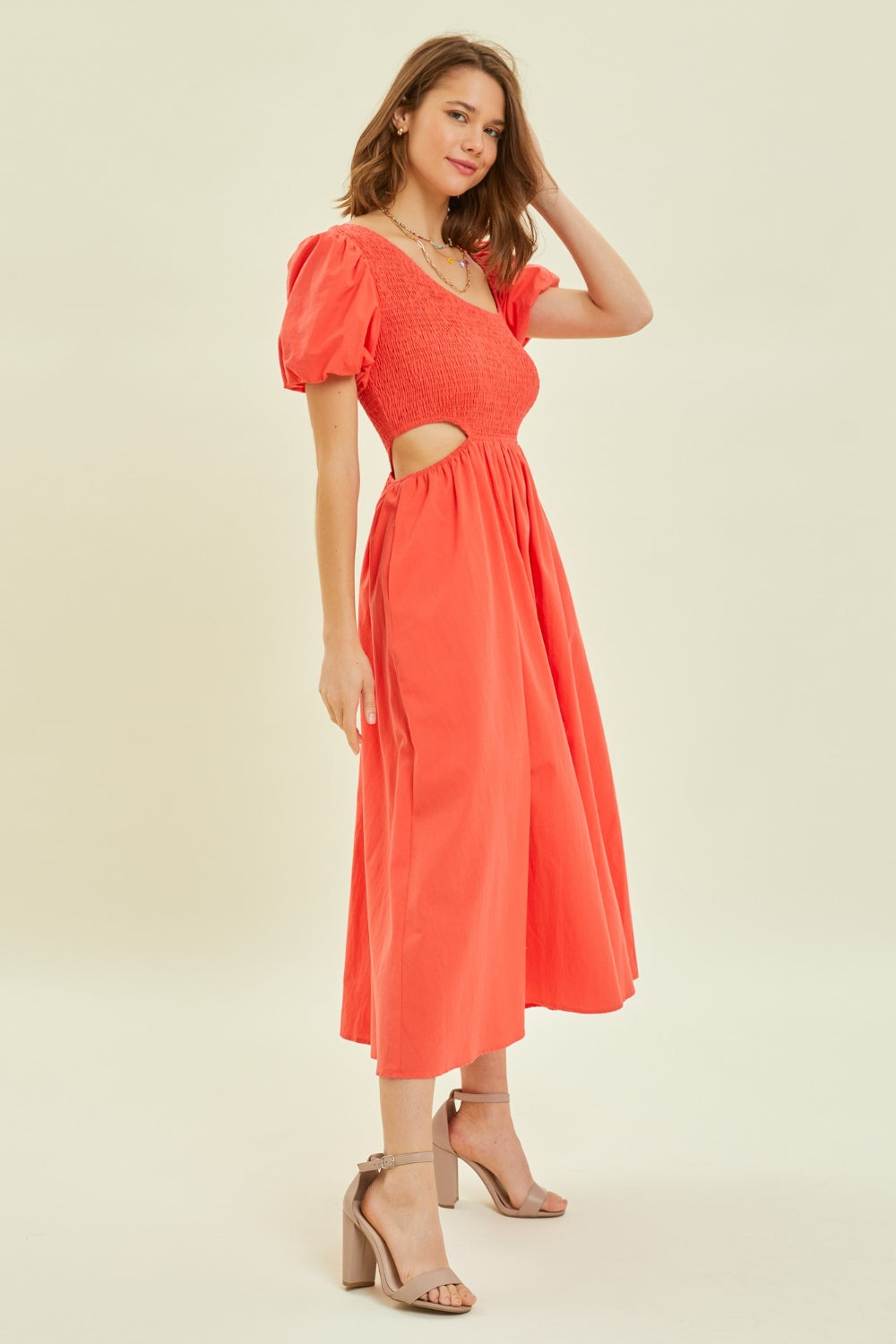 Women's Orange Red Smocked Cutout Puff Sleeve Midi Dress