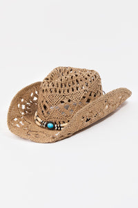 Women's Straw Cowboy Hat with Turquoise Beads