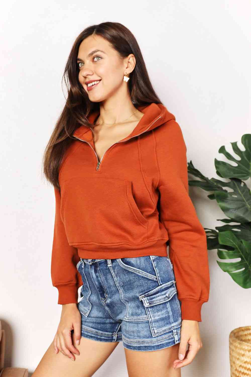 Womens Orange Half Zip-Up Long Sleeve Hoodie with Pockets