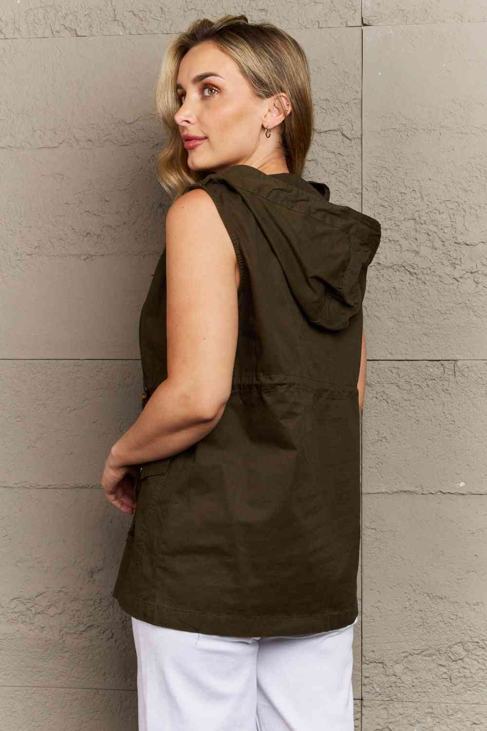 Womens Army Green Button-Up Military Hooded Vest
