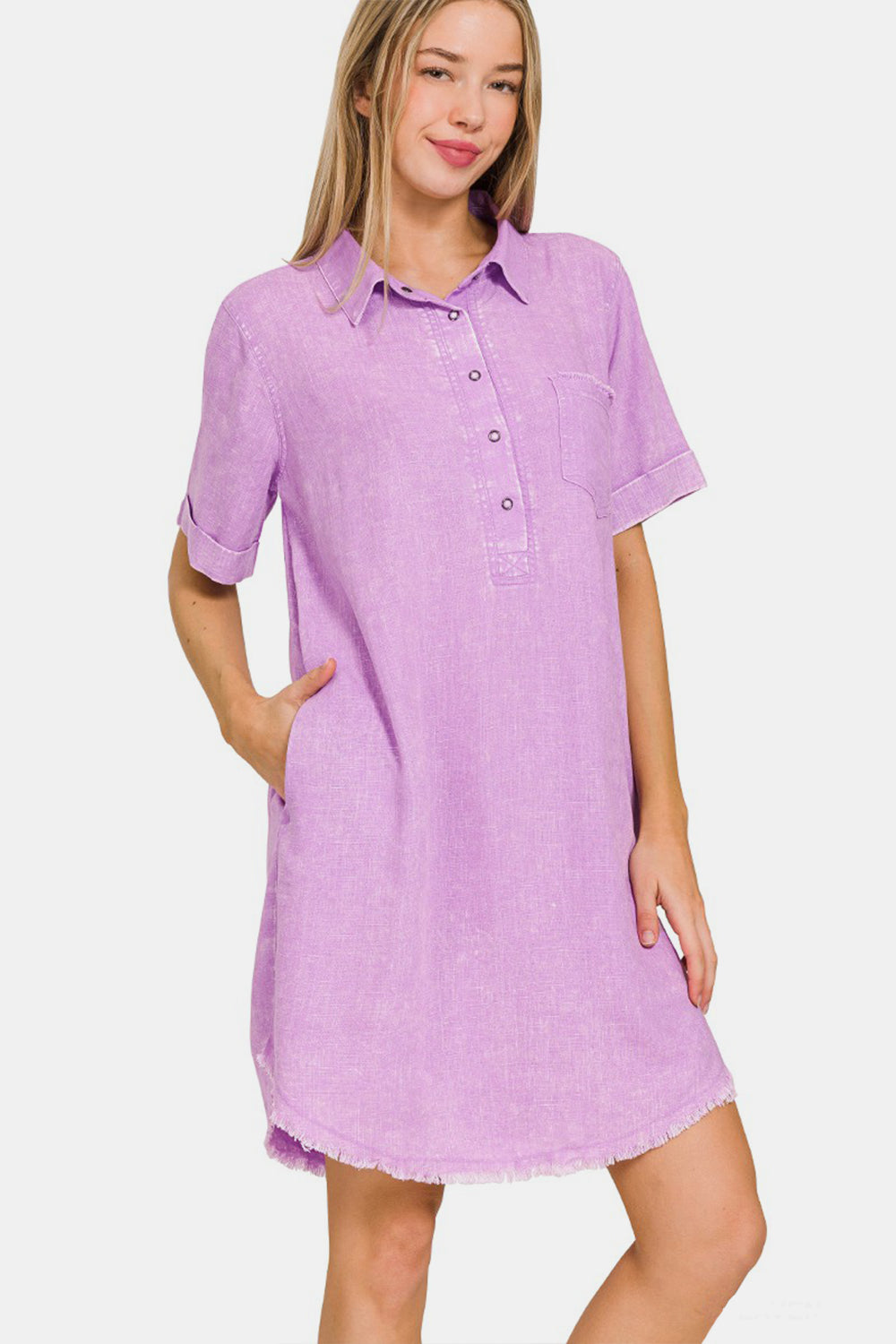 Women's Purple Linen Tennis Dress with Short Sleeves and Pockets