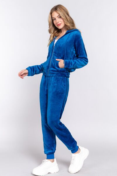 Womens Ocean Blue Velvet Velour Hoodie Jogger Set Full Zip