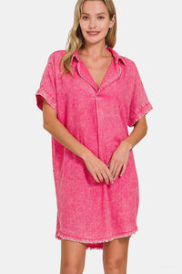 Women's Pink Linen V-Neck Tennis Dress with Short Sleeves and Pockets