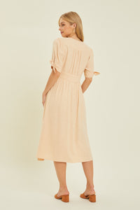 Women's Cream Linen Plunge V-Neck Button-Down Midi Dress