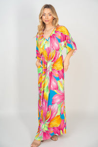 Women's Floral V-Neck Mid Sleeve Maxi Dress with Pockets