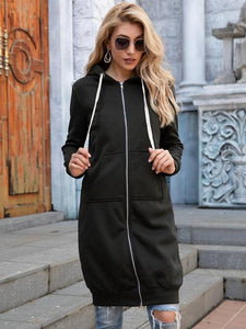 Womens Full Zip-Up Longline Tunic Hoodie with Pockets