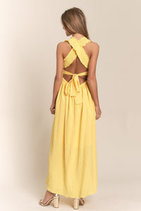 Women's Yellow Crisscross Open Back Tie Smocked Maxi Dress