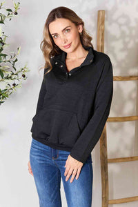 Womens Black Half Buttoned Collared Neck Sweatshirt with Pocket