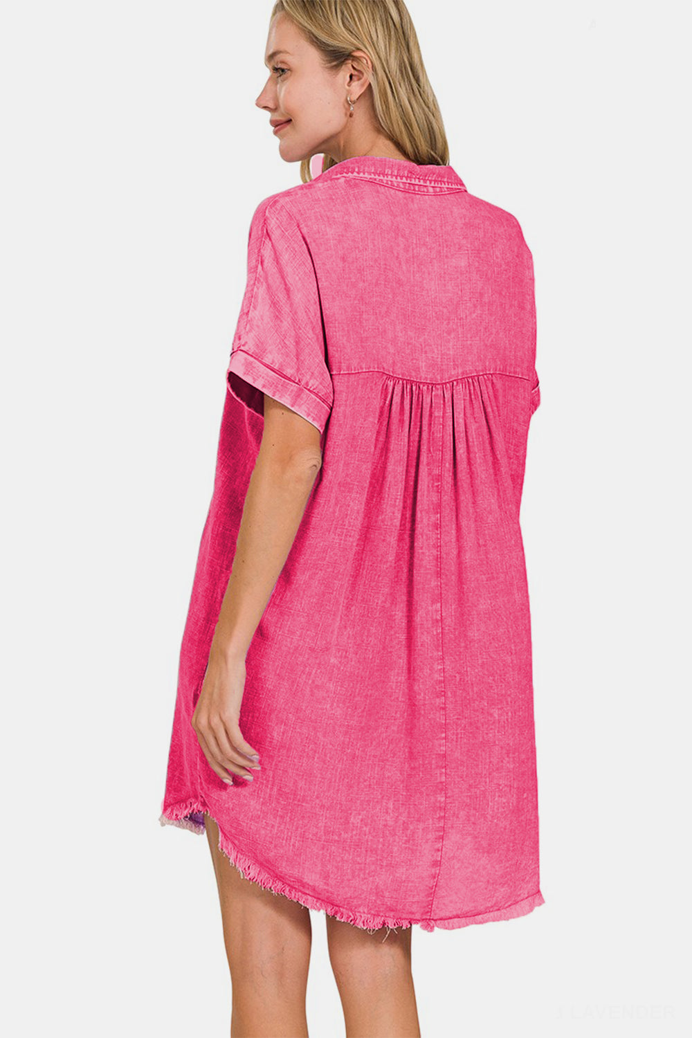 Women's Pink Linen V-Neck Tennis Dress with Short Sleeves and Pockets