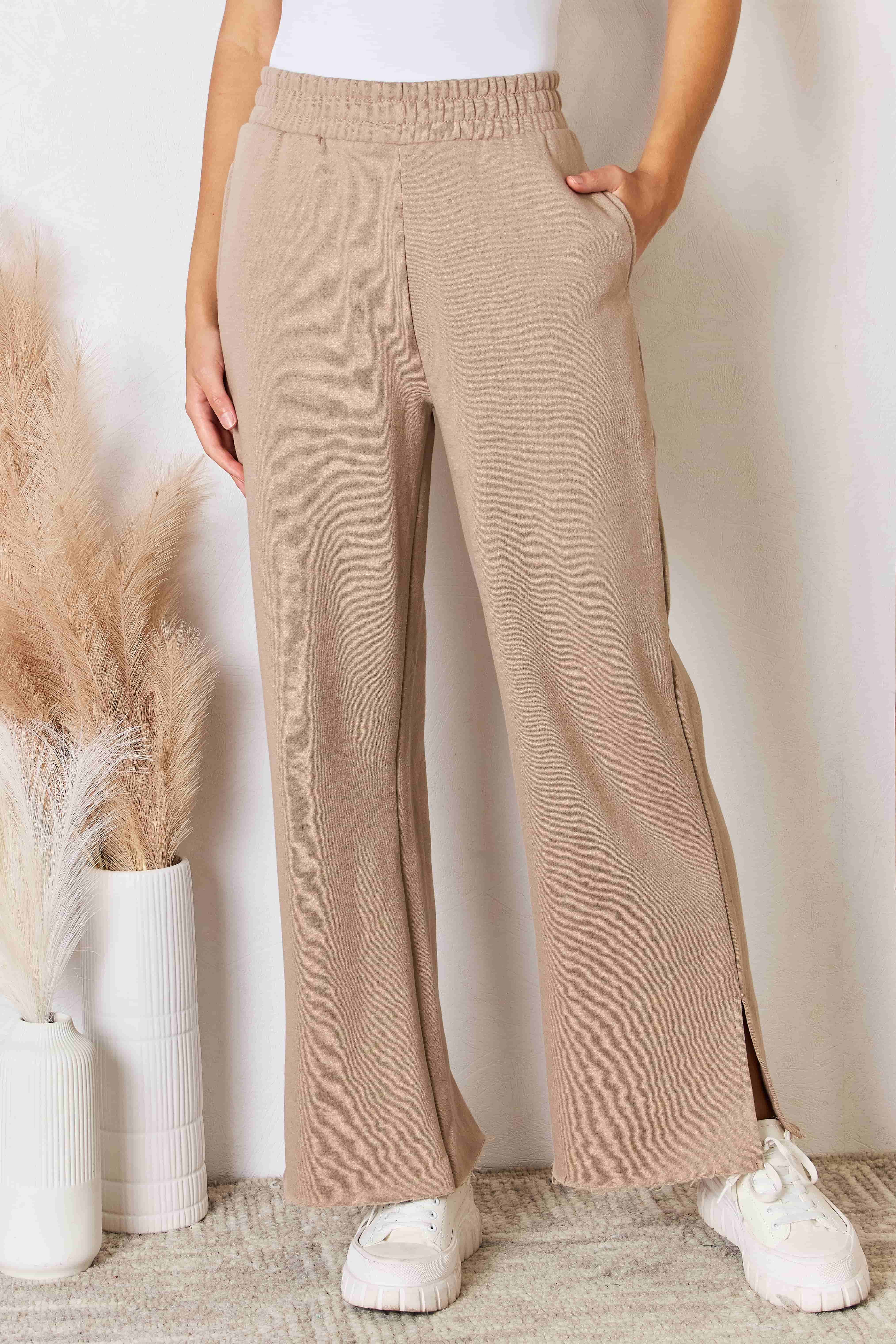 Women's Tan Beige Relaxed Wide Leg Slit Pants with Pockets