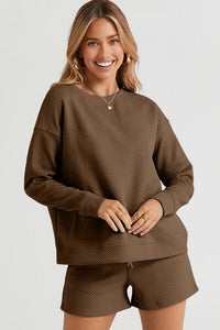 Women's Relaxed Casual Lounge Long Sleeve Top and Drawstring Shorts Set