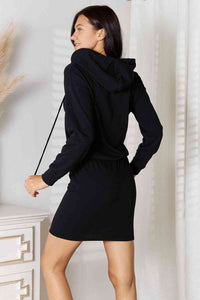 Womens Black Full Size Drawstring Long Sleeve Hooded Dress