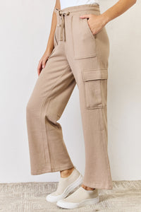 Women's Tan Beige Drawstring Sweatpants Wide Leg Flare Cargo Pockets
