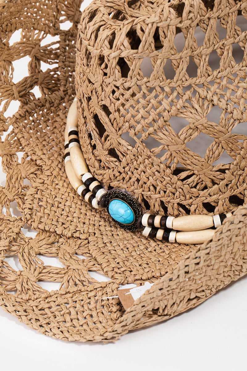 Women's Straw Cowboy Hat with Turquoise Beads