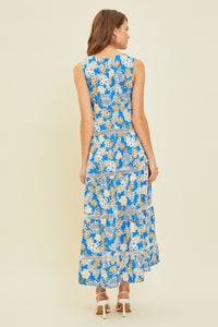 Women's Blue Floral Crochet Trim V-Neck Maxi Dress