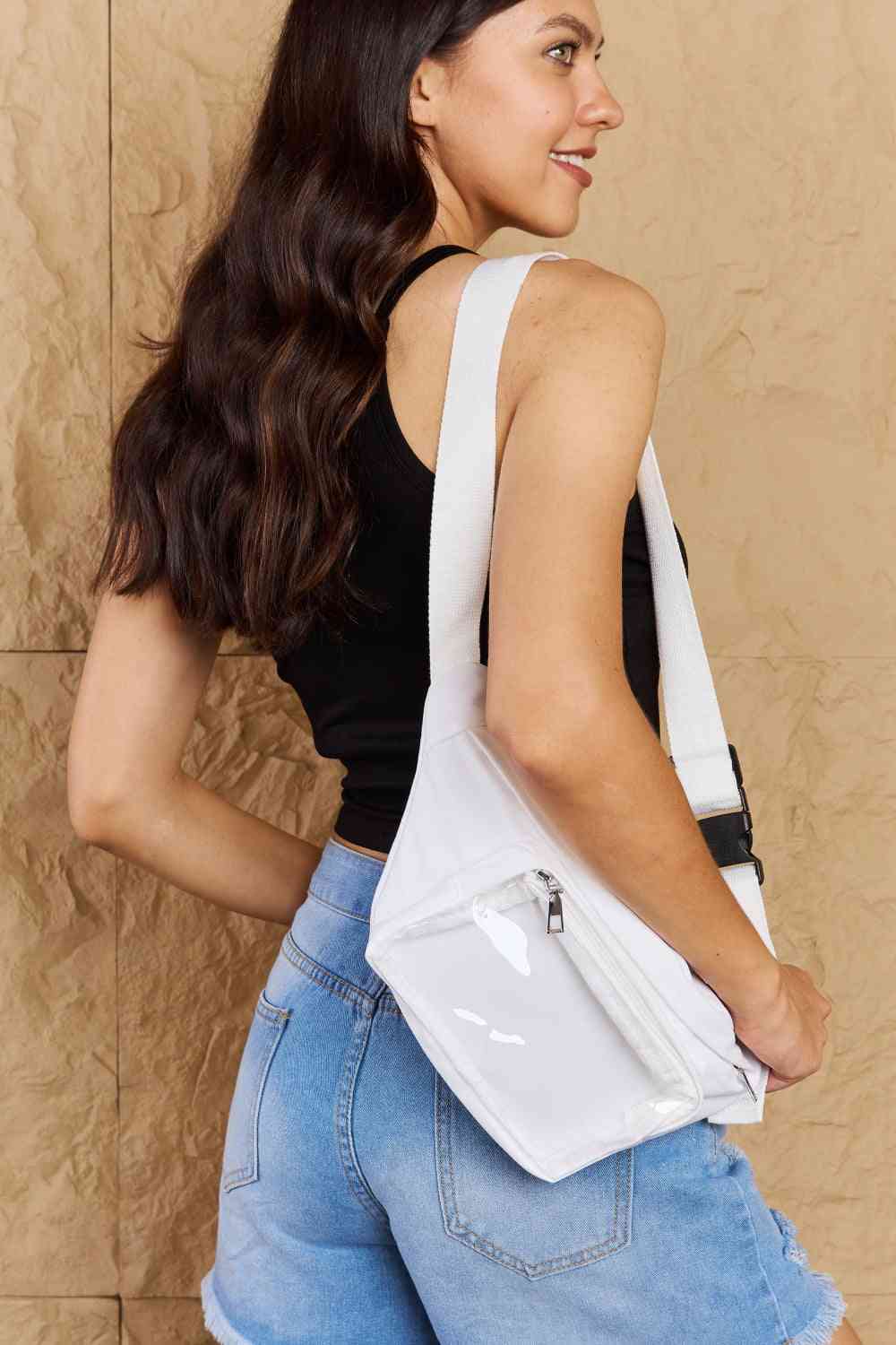 White Fanny Pack Crossbody with Clear Zipper Pouch