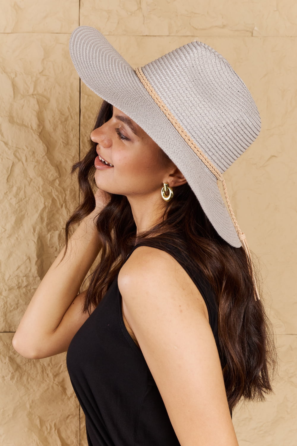Women's Light Grey Straw Pool Hat with Tan Braided String