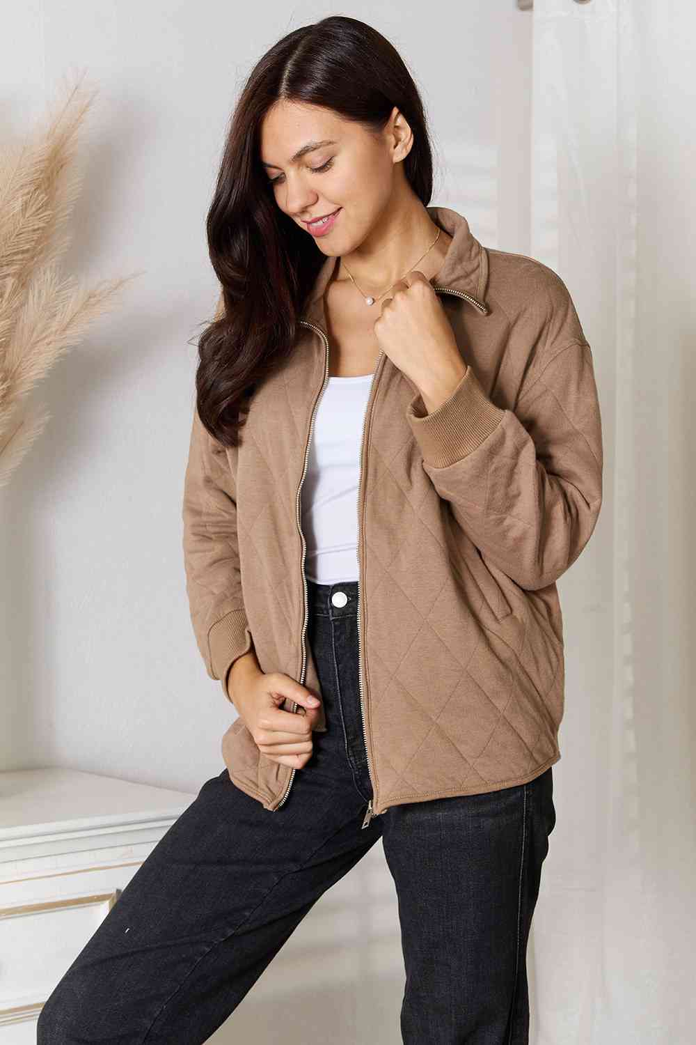 Womens Beige Brown Full Zip-Up Collared Quilted Jacket with Pockets