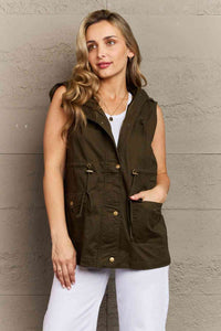 Womens Army Green Button-Up Military Hooded Vest