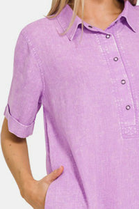 Women's Purple Linen Tennis Dress with Short Sleeves and Pockets