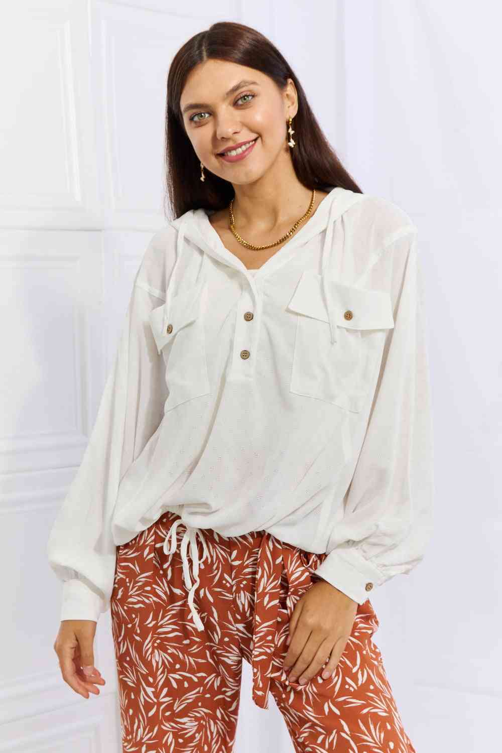Womens White Sporty Lightweight Textured Hoodie Long Sleeve Top
