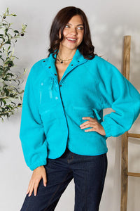 Womens Turquoise Blue Snap Button Up Oversized Fleece Jacket
