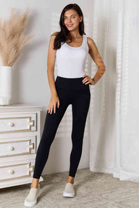Womens Black Wide Waistband Athletic Leggings with Pockets