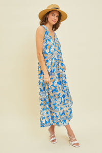 Women's Blue Floral Crochet Trim V-Neck Maxi Dress
