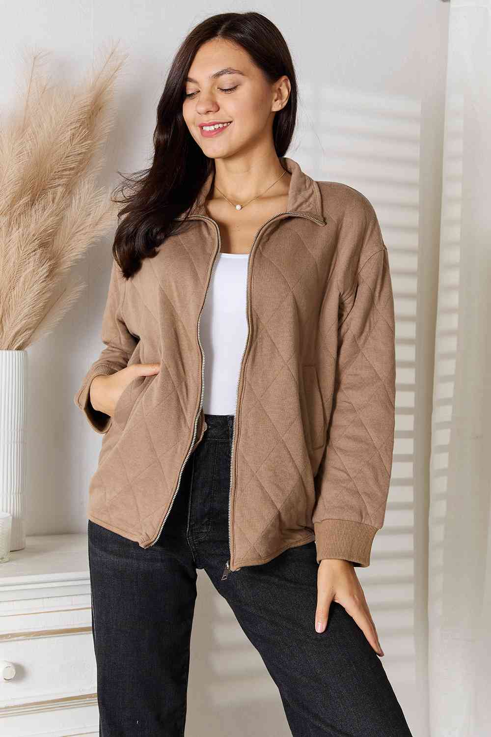 Womens Beige Brown Full Zip-Up Collared Quilted Jacket with Pockets